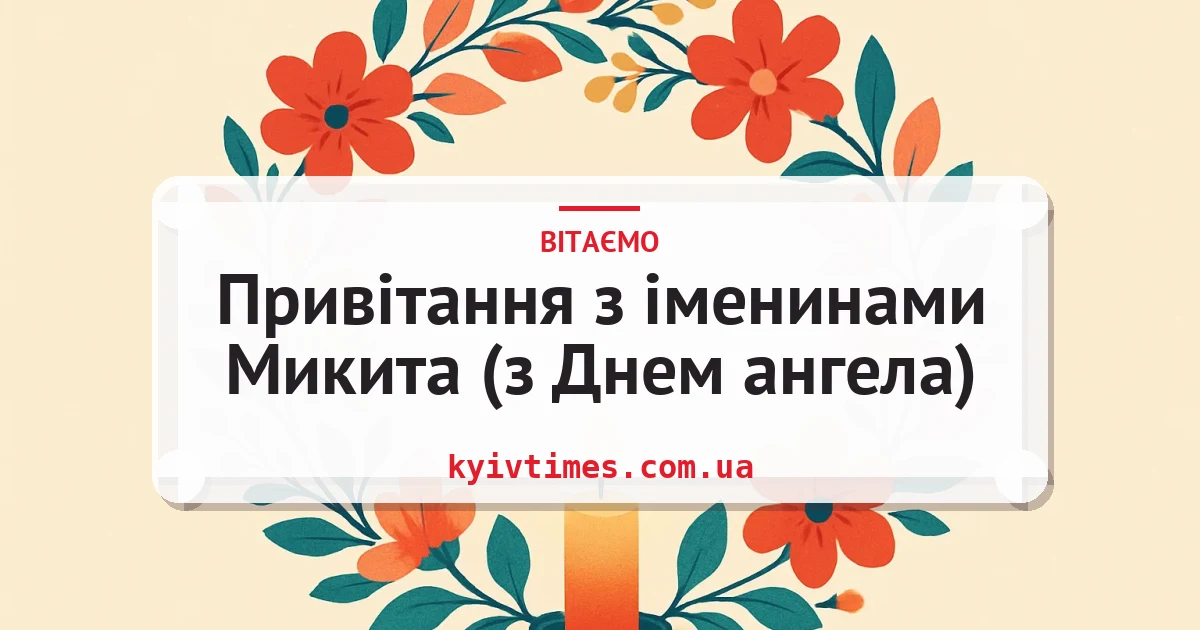 Привітання з іменинами Микита (з Днем ангела) — листівка з підписом